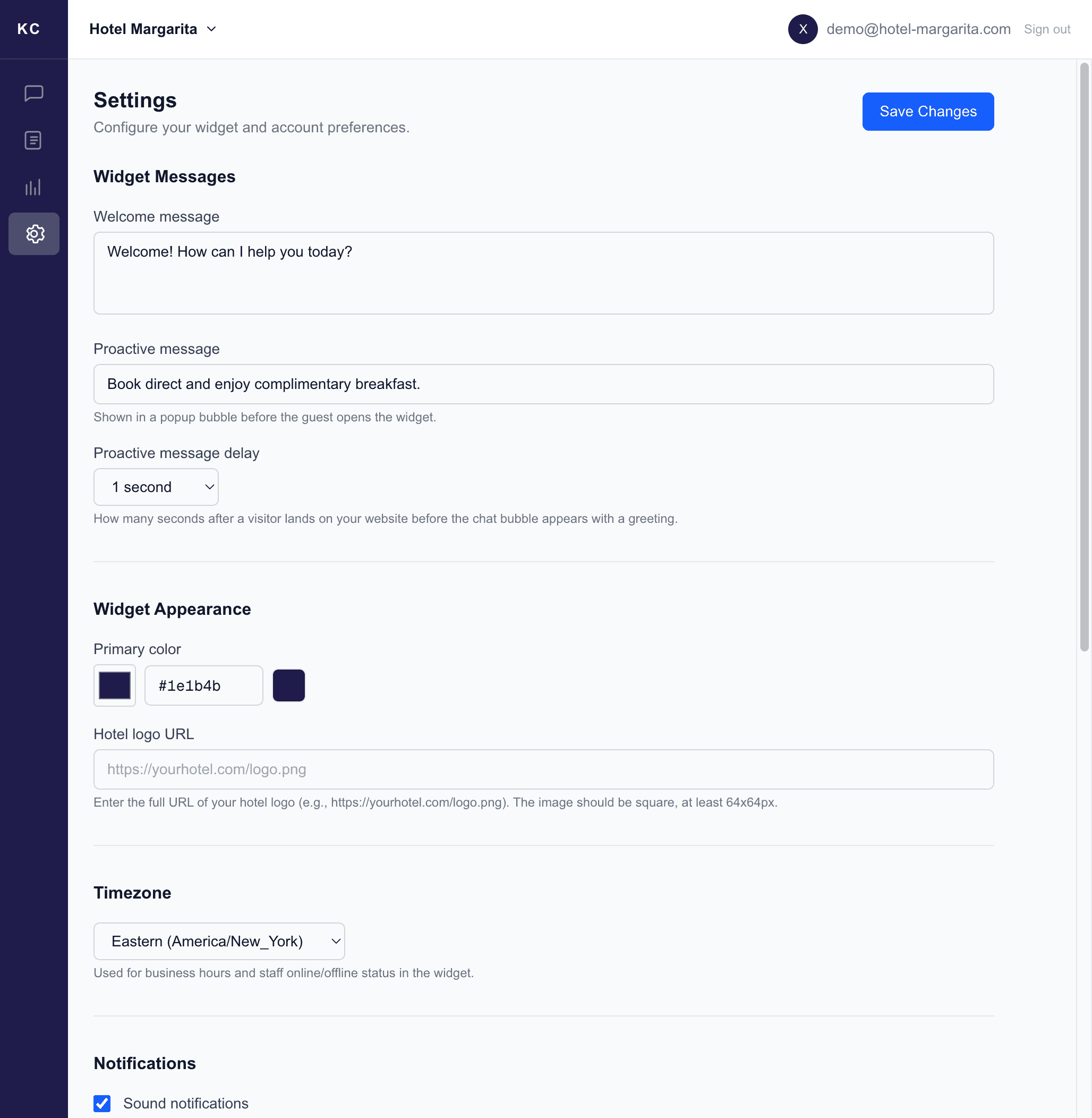 Hotel Margarita dashboard settings for widget messages, appearance, and notifications